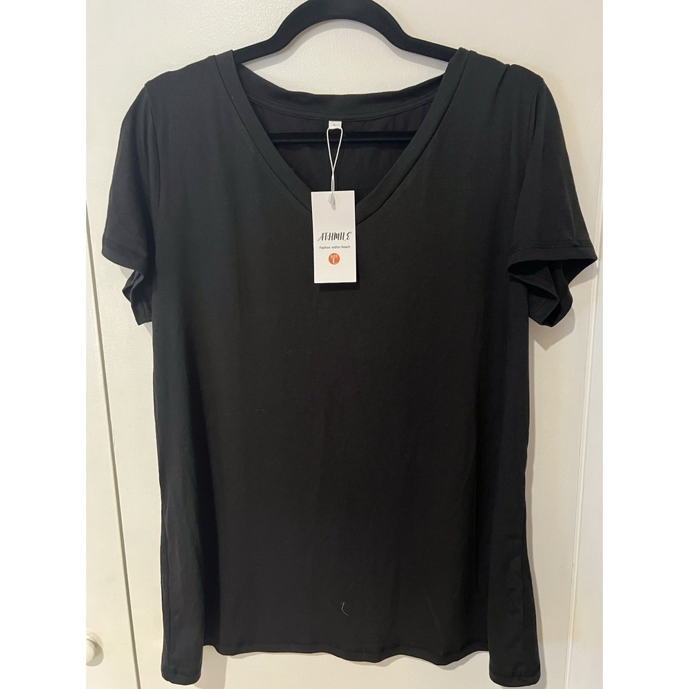 NWT Athmile Women's Black V-Neck T-Shirt Size Large Casual Basic Tee